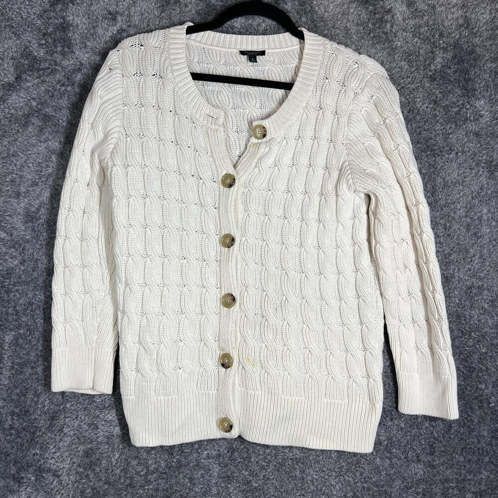 Talbots Sweater Womens S White Cable-Knit Button Pocket Heavyweight Cardigan
